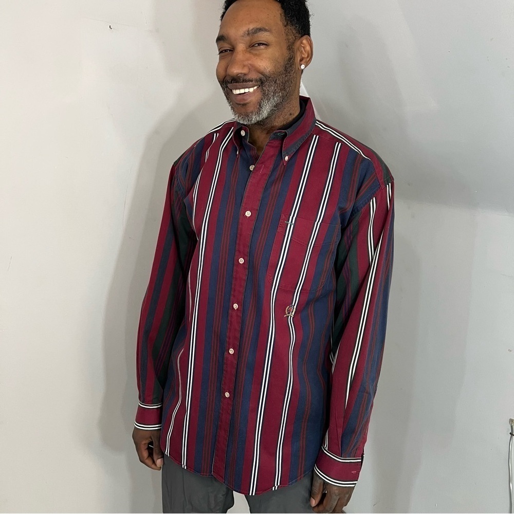 Vintage Tommy Hilfiger red blue stripes casual button shirt cotton long sleeve